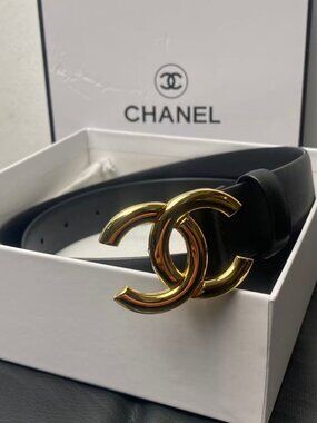 CHANEL Gold CC Black Leather Belt 90cm - With Box & Dust Bag